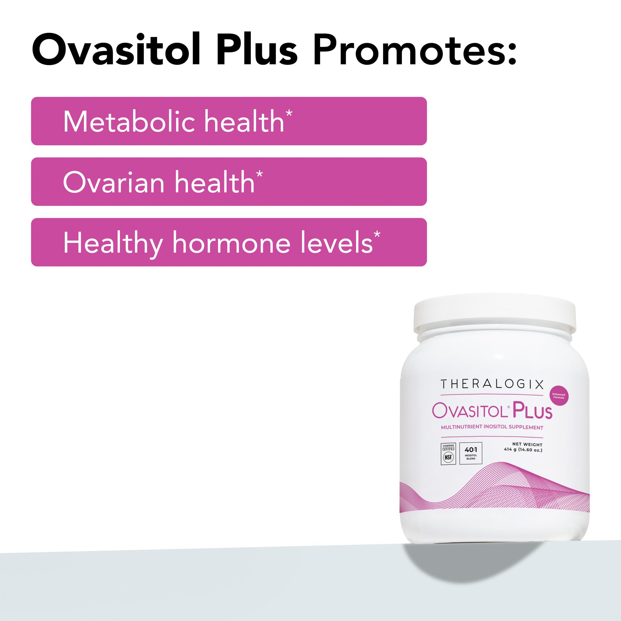 Theralogix Ovasitol Plus gluten-free badge appeals to dietary needs.