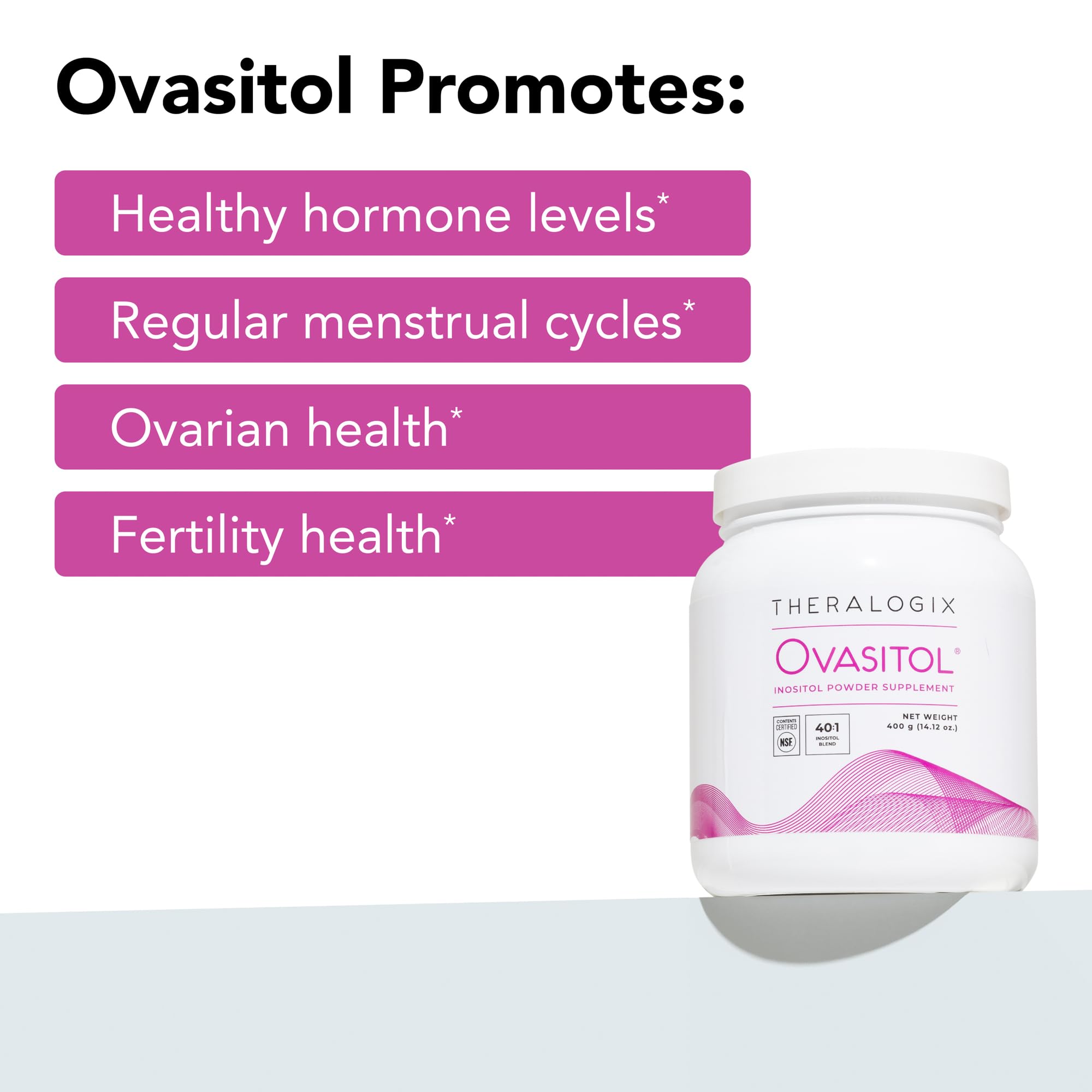 Close-up of Theralogix Ovasitol label with inositol amounts for daily dosing