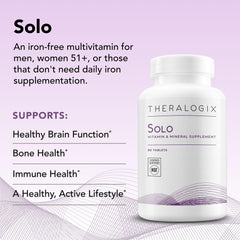 Theralogix Solo multivitamin bottle pour demonstrates convenient daily intake.