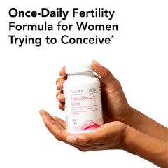 TheraNatal Core bottle top close-up emphasizing essential nutrients for conception planning
