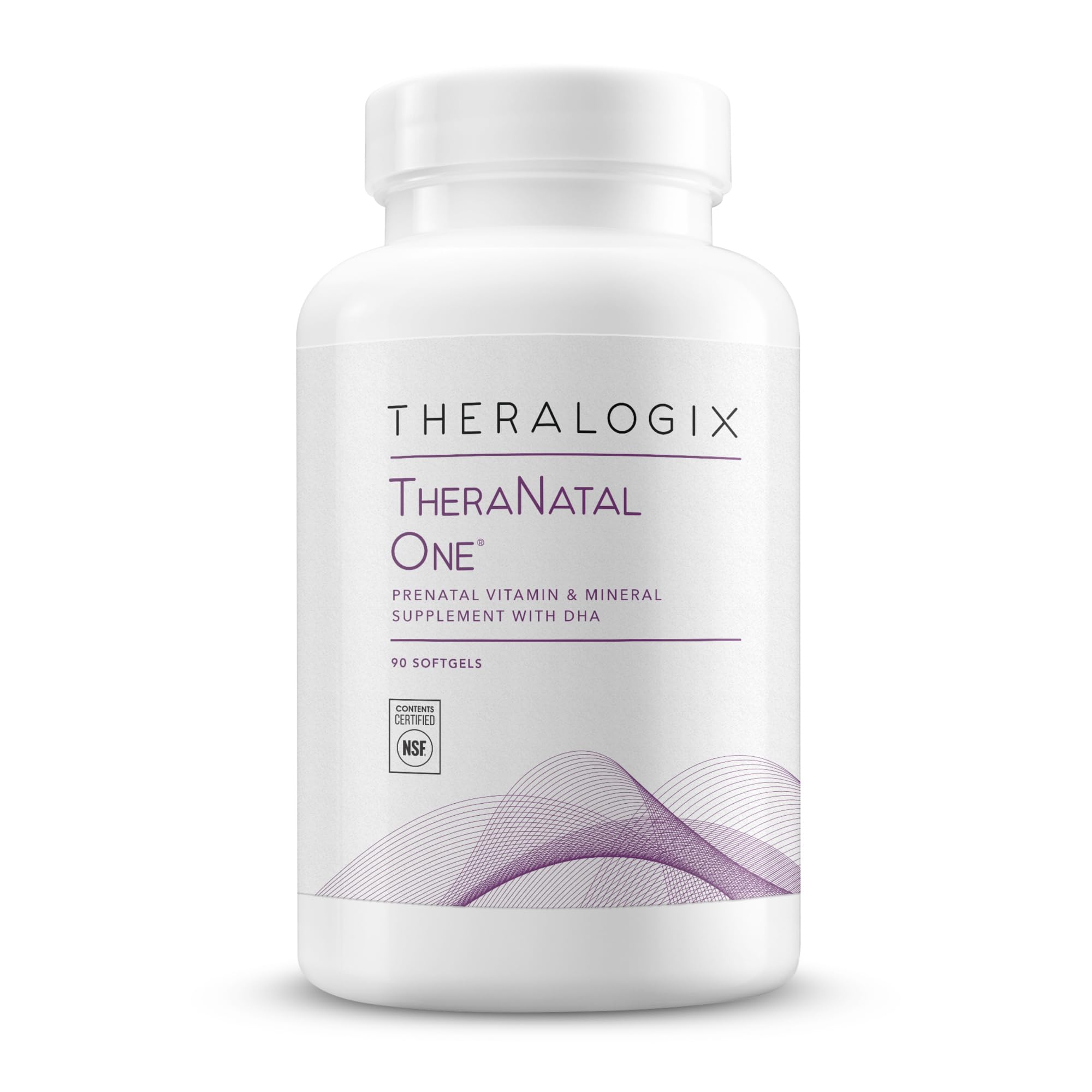 Theralogix TheraNatal One prenatal bottle with easy-to-swallow softgels for daily support.