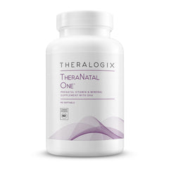 Theralogix TheraNatal One prenatal bottle with easy-to-swallow softgels for daily support.