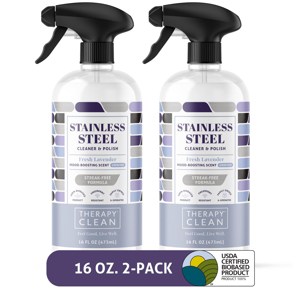 Therapy stainless steel cleaner two-pack bottles restore shine and banish fingerprints.