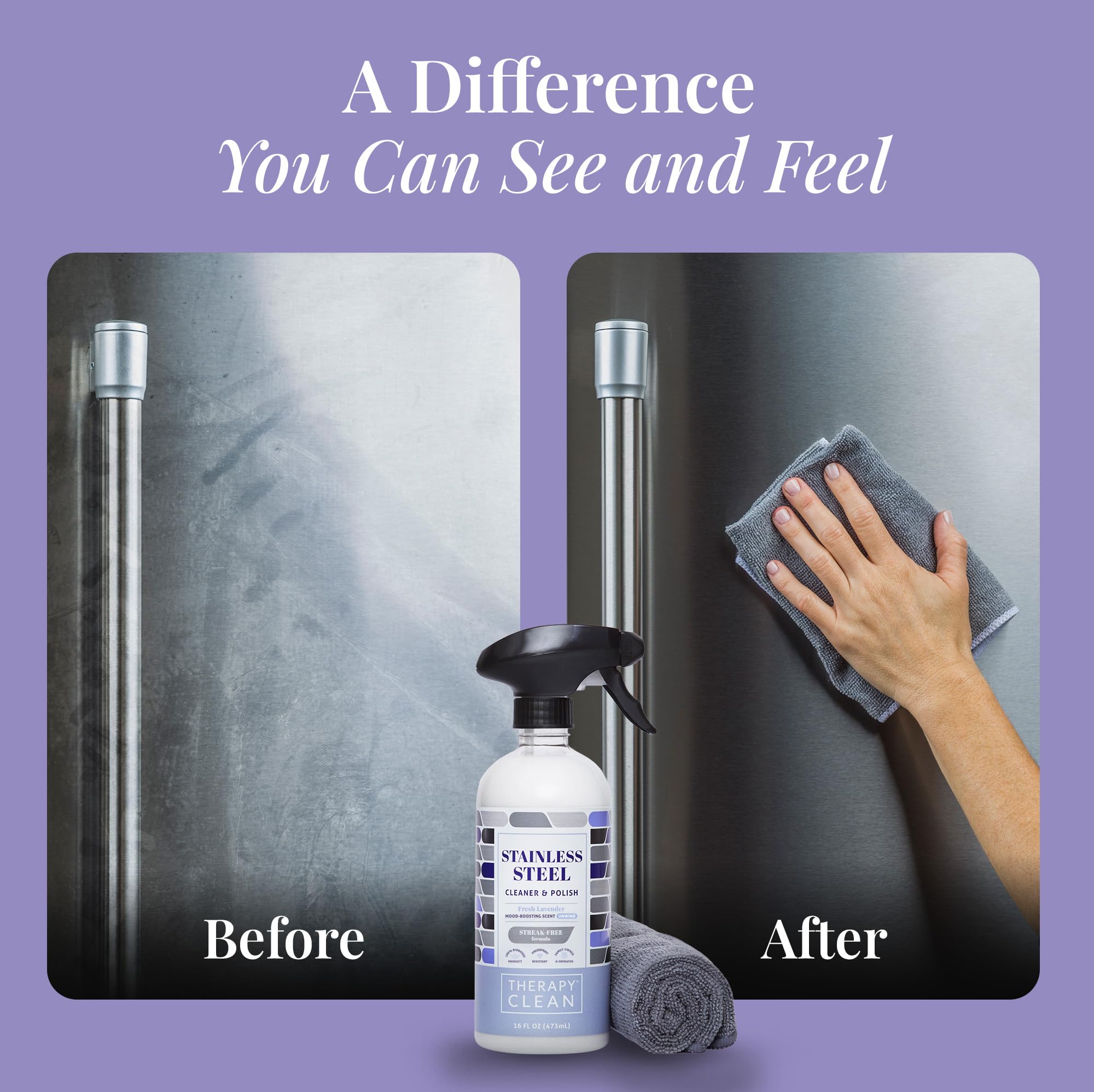 Fingerprint removal on stainless surfaces with Therapy cleaner.