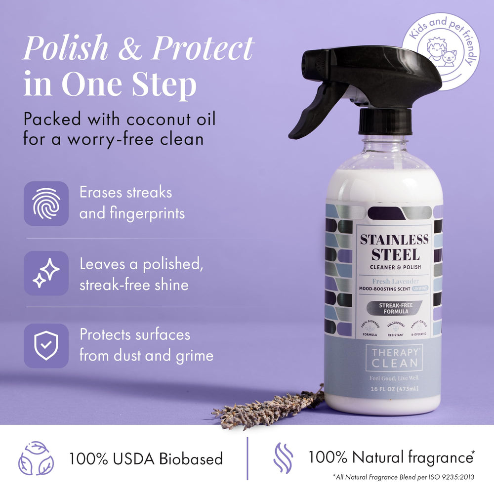 Therapy cleaner spray on appliance delivers streak-free shine.