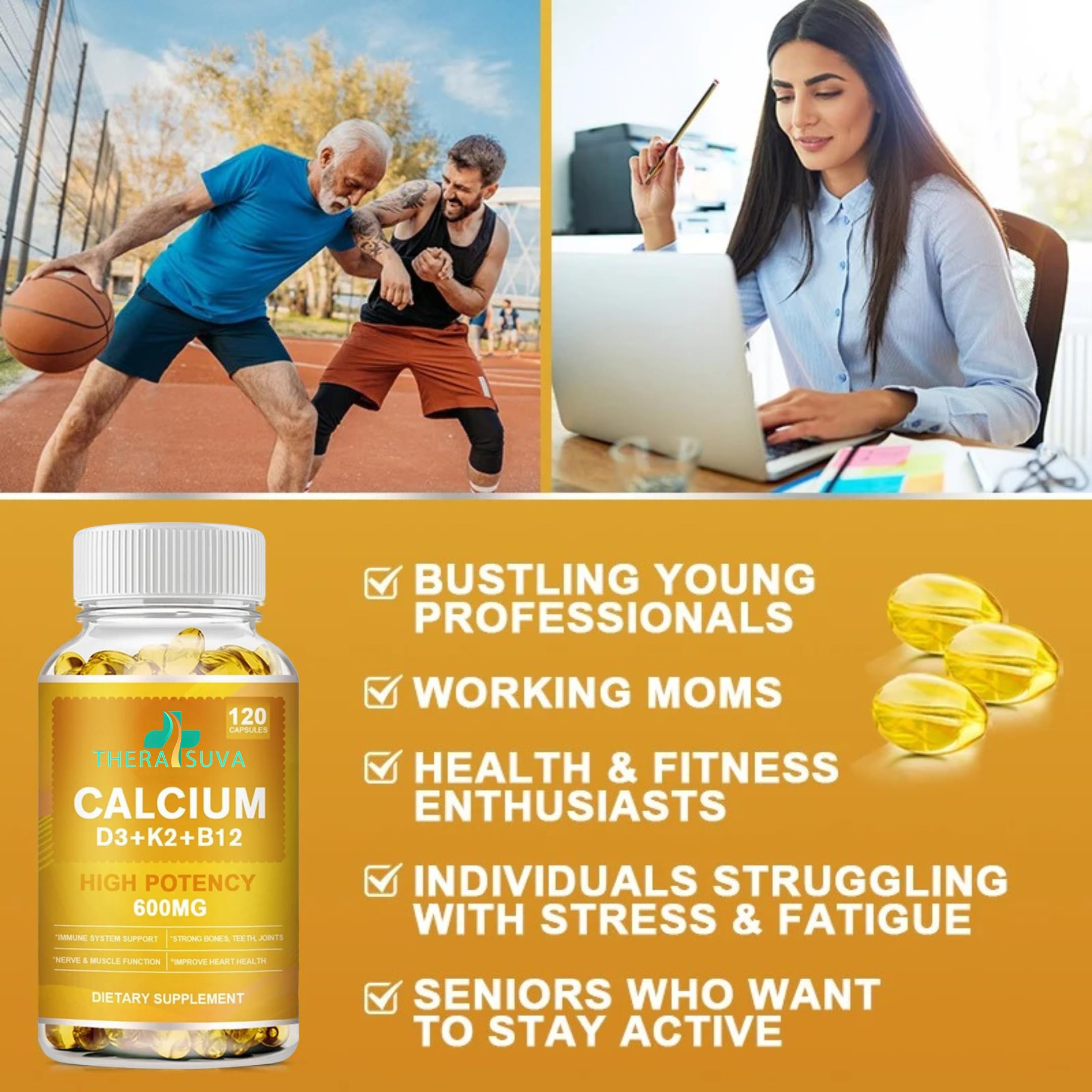TheraSuva softgels close-up show calcium with D3 and K2 for absorption support