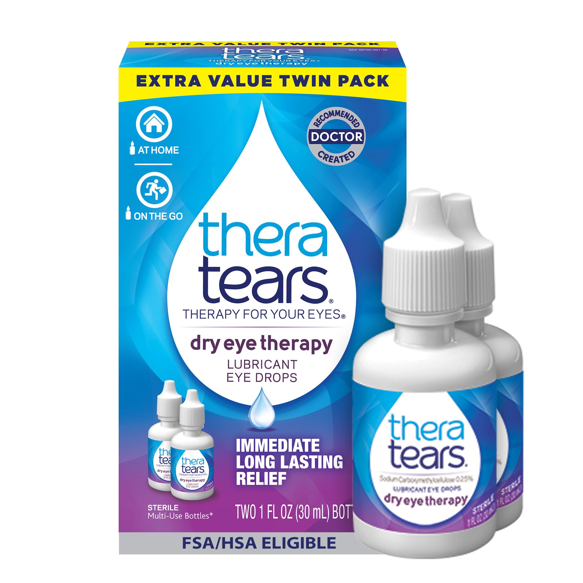 TheraTears dry eye therapy bottle close-up showing soothing hydration