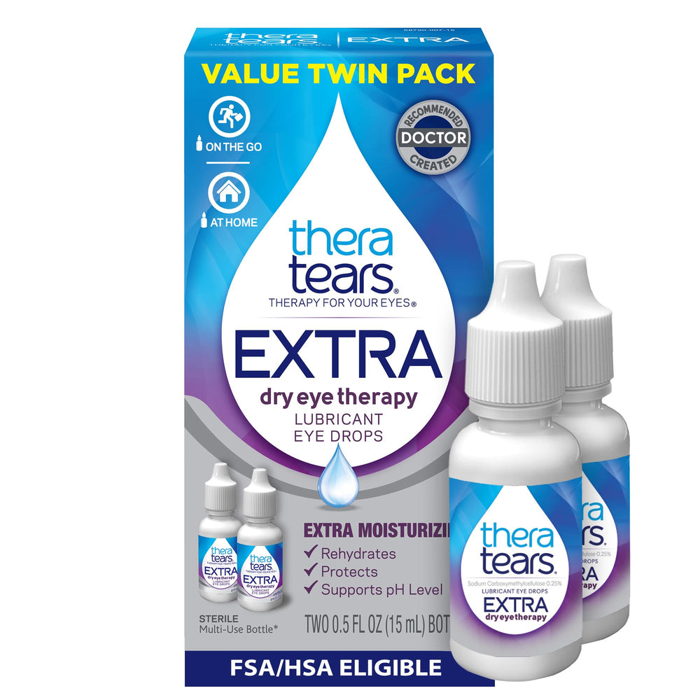 TheraTears Extra Dry Eye bottle being poured for quick, lasting hydration.