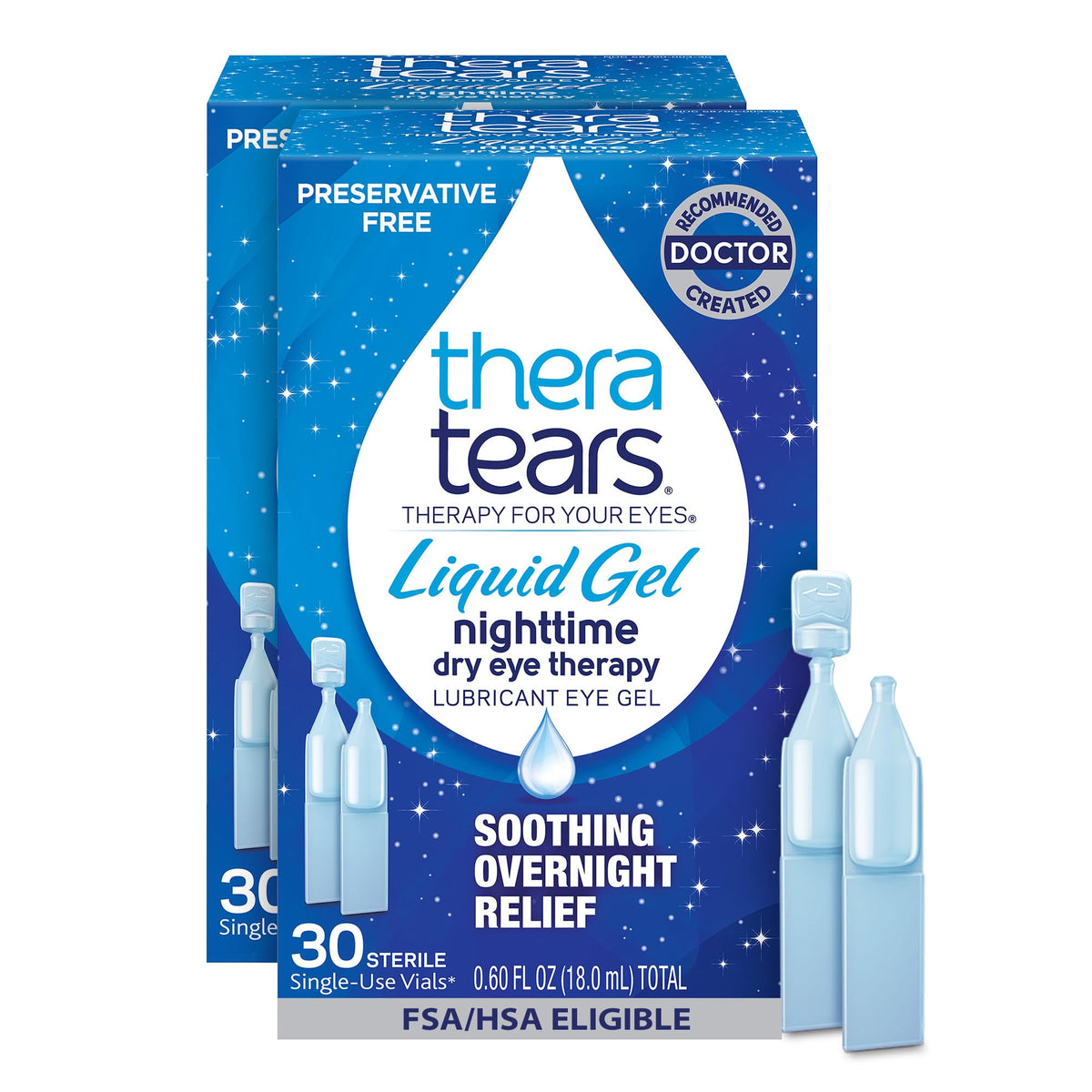 TheraTears Nighttime Drops pack shows preservative-free single-use vials for overnight relief.