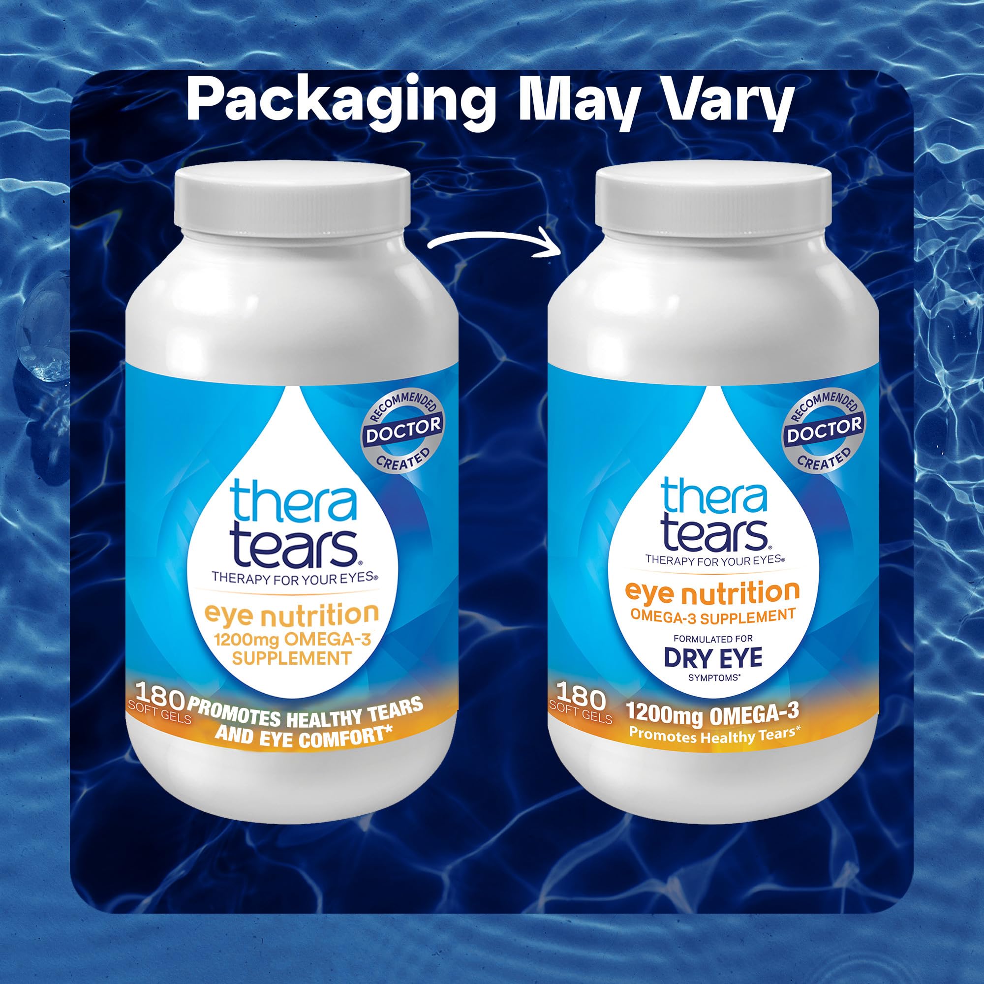 TheraTears Omega 3 softgels close-up highlights easy-to-swallow capsules.