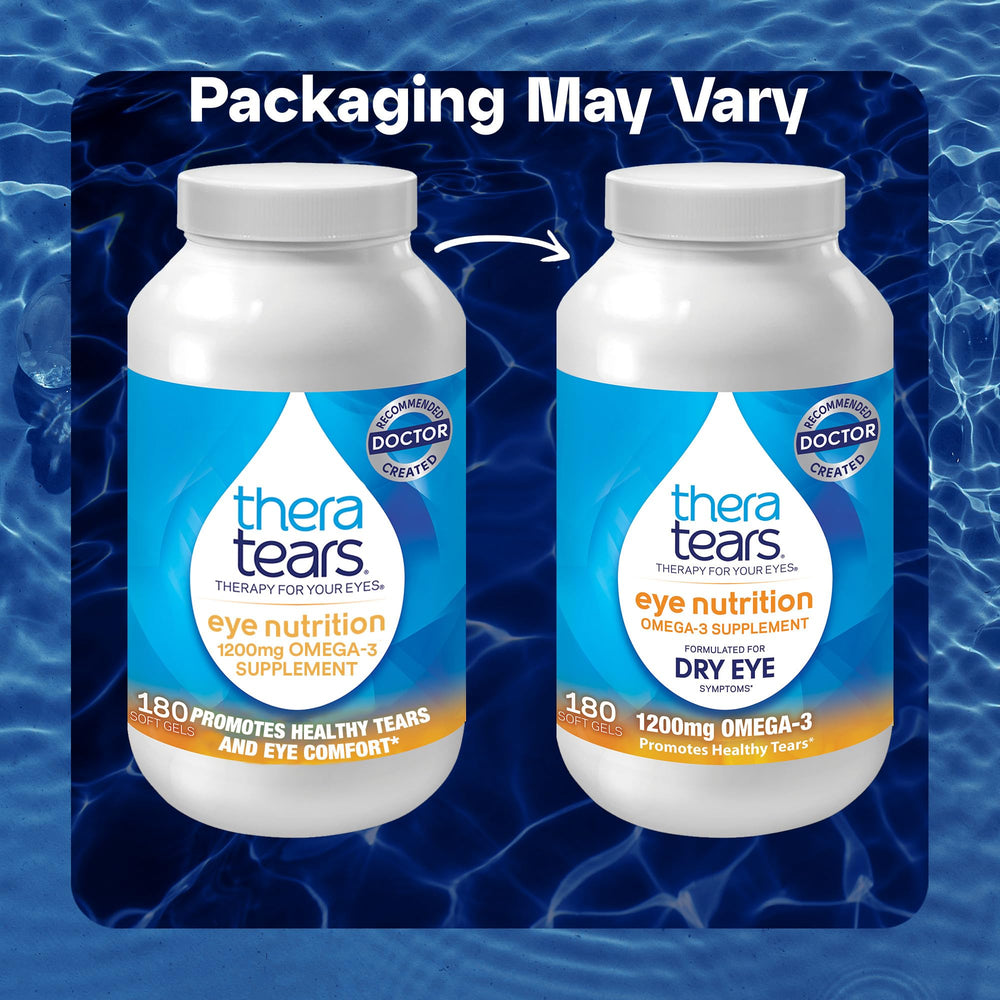 TheraTears Omega 3 softgels close-up highlights easy-to-swallow capsules.