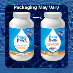 TheraTears Omega 3 softgels close-up highlights easy-to-swallow capsules.