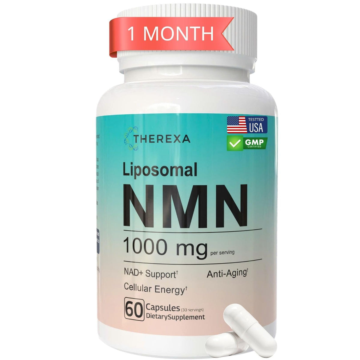Therexa NMN 1000mg bottle highlighting liposomal NMN for potential NAD+ support.