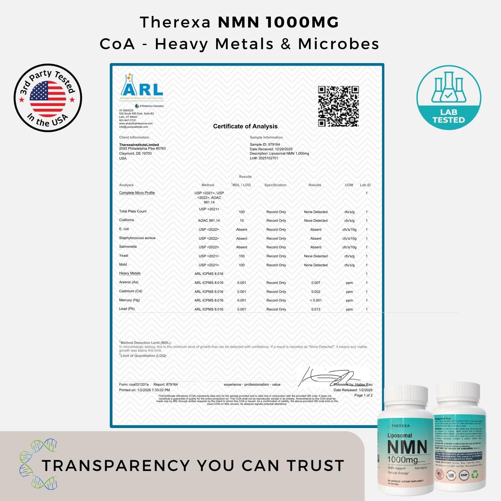 Nutrition facts and branding on the Therexa NMN label.