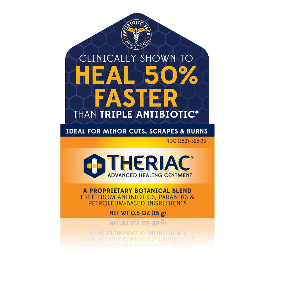Theriac Advanced Manuka Honey Ointment packaging highlights clean, clinically backed wound care.