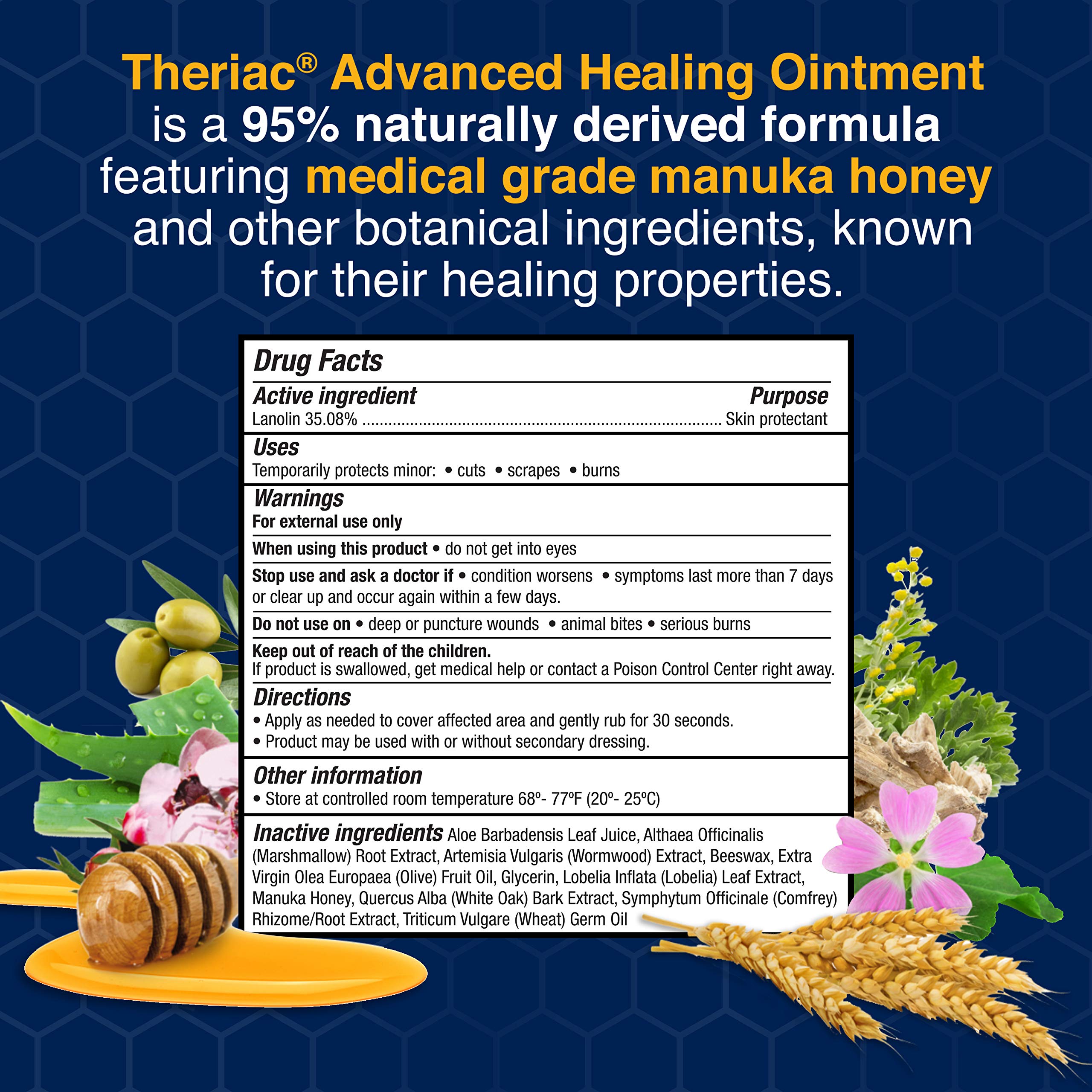 Close-up of Theriac Advanced Manuka Honey Ointment tube shows the medical-grade formula.