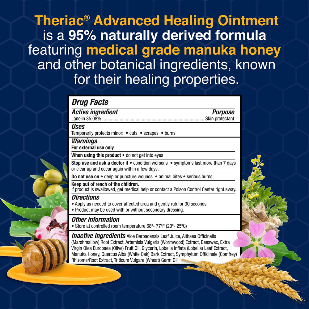 Close-up of Theriac Advanced Manuka Honey Ointment tube shows the medical-grade formula.