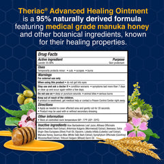 Close-up of Theriac Advanced Manuka Honey Ointment tube shows the medical-grade formula.