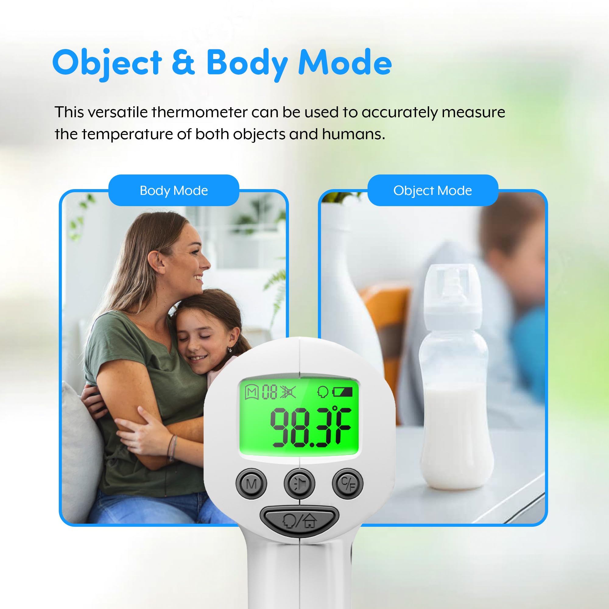 THERMOBIO infrared forehead thermometer packaging includes manual and warranty information