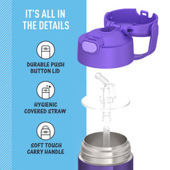 Push-button lid on THERMOS FUNTAINER for quick, spill-resistant sipping