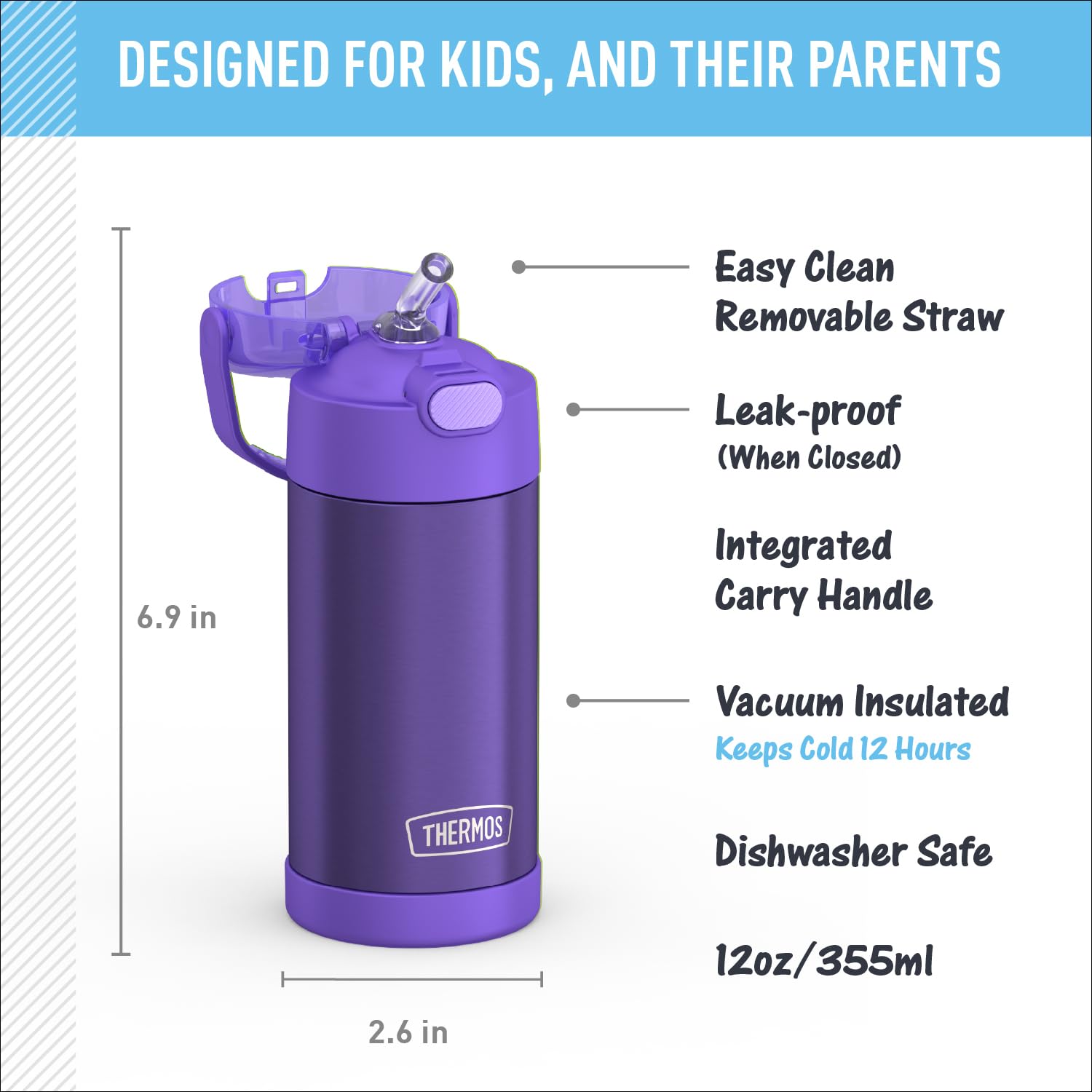 THERMOS FUNTAINER violet bottle with soft-touch handle for easy carrying