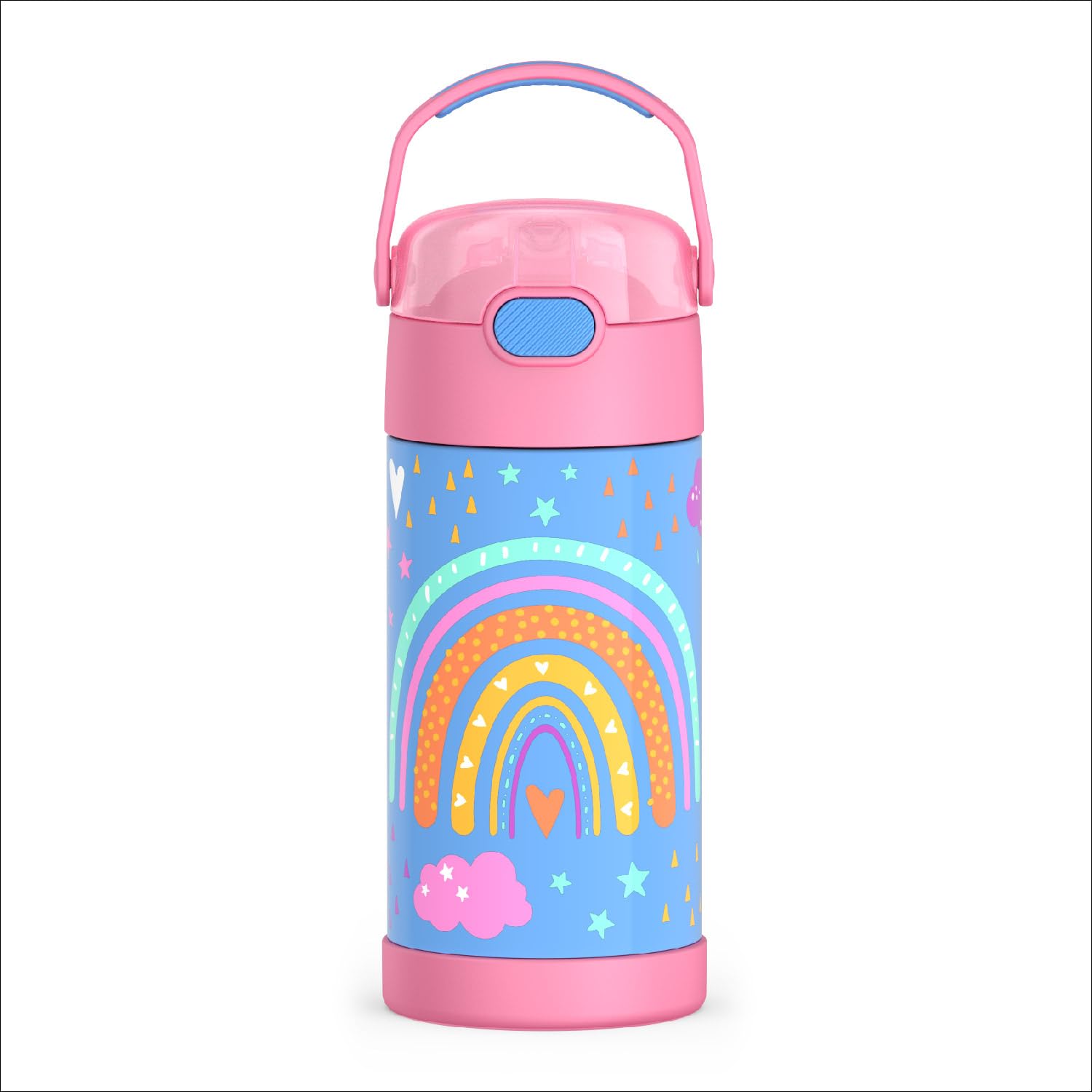 THERMOS FUNTAINER 12oz water bottle keeps drinks cold for hours, ideal for school.