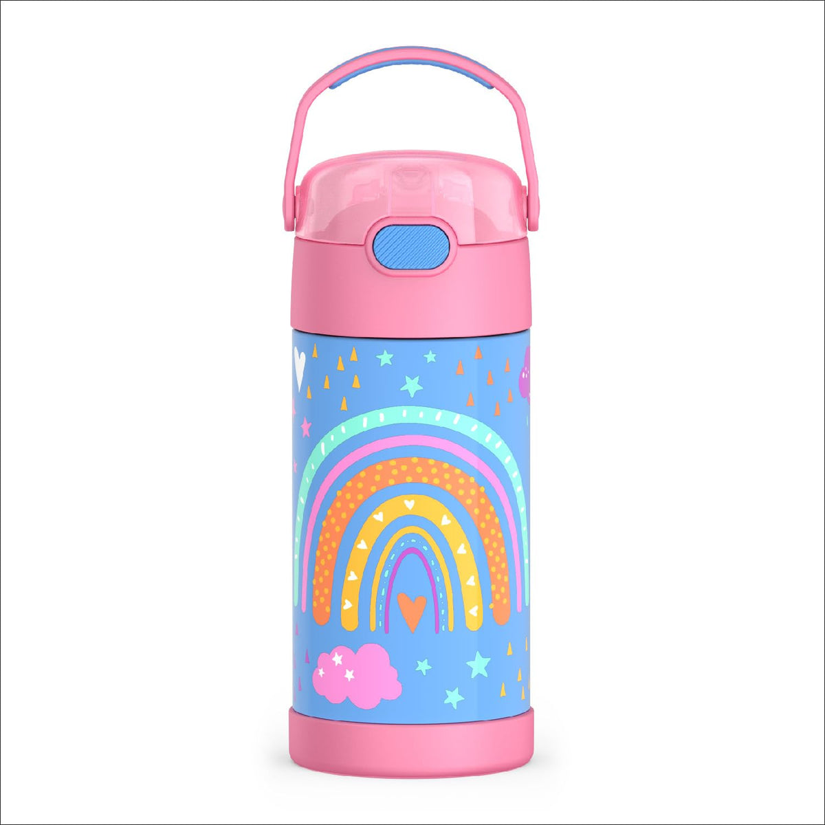 THERMOS FUNTAINER 12oz water bottle keeps drinks cold for hours, ideal for school.