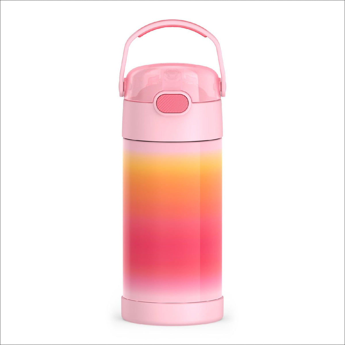 THERMOS FUNTAINER pink ombre bottle front view shows compact kid-friendly design and cool drinks.