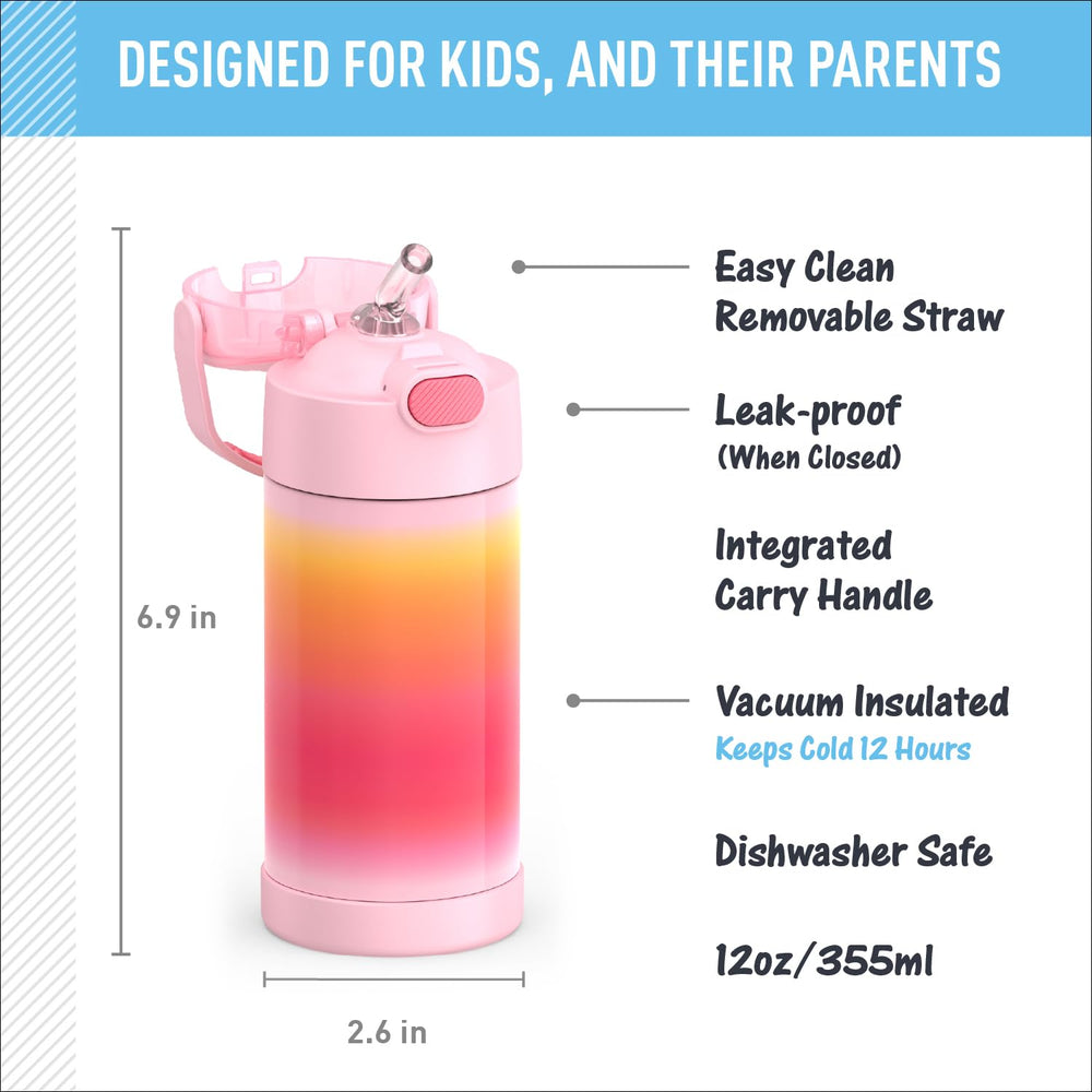 THERMOS FUNTAINER pink ombre bottle side view highlights the soft-touch carry handle for kids.