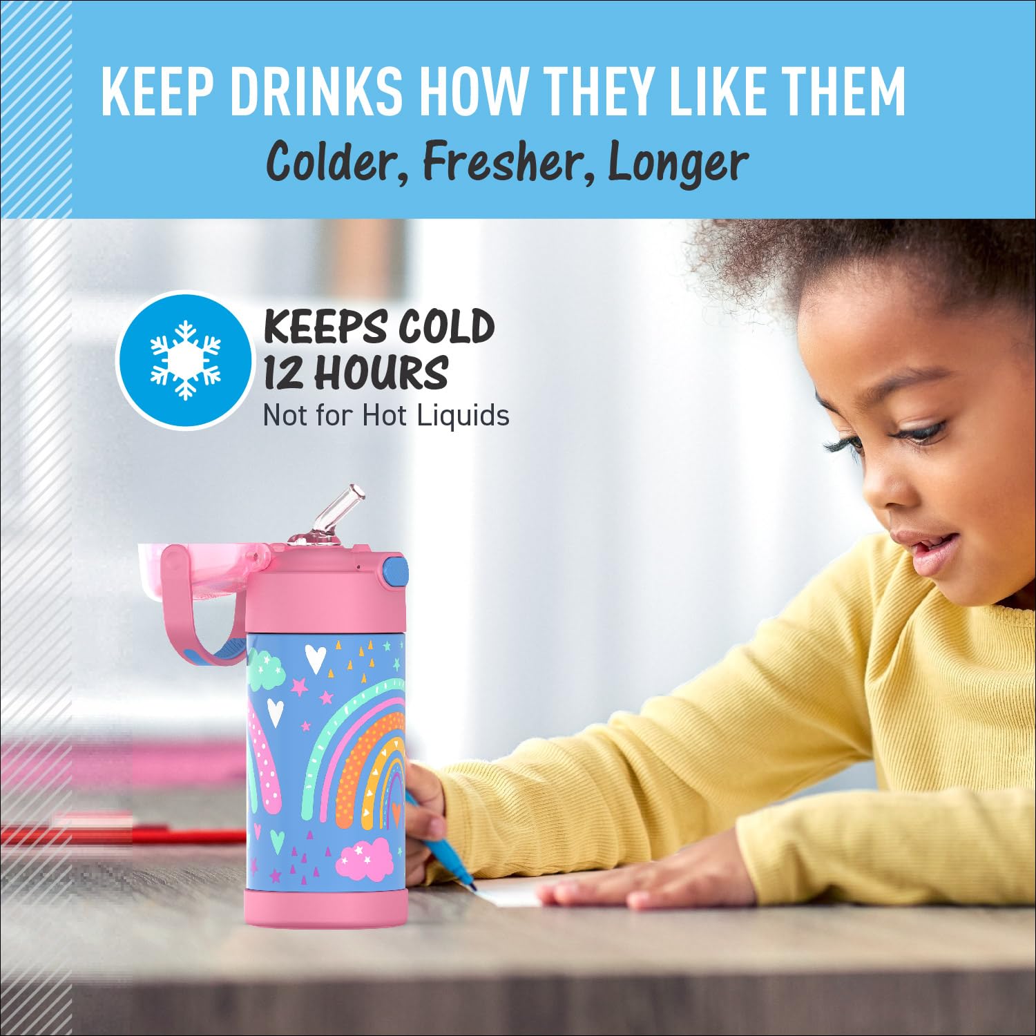 THERMOS FUNTAINER rainbow dreams color option adds fun while staying cold.