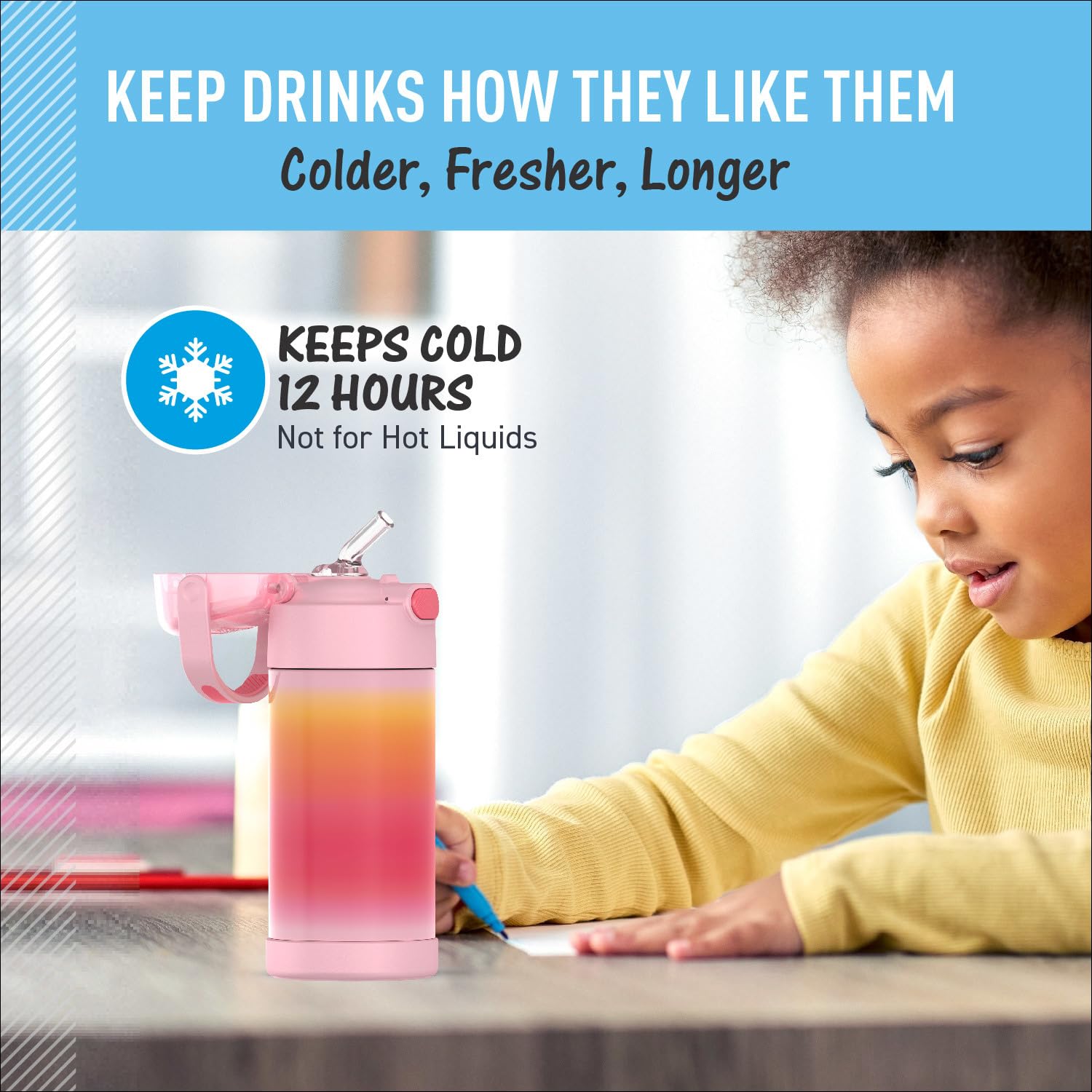 THERMOS FUNTAINER soft-touch carry handle provides a comfortable grip for kids.