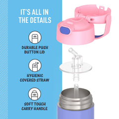 THERMOS FUNTAINER straw-cover closeup emphasizes covered sip to reduce germ exposure.