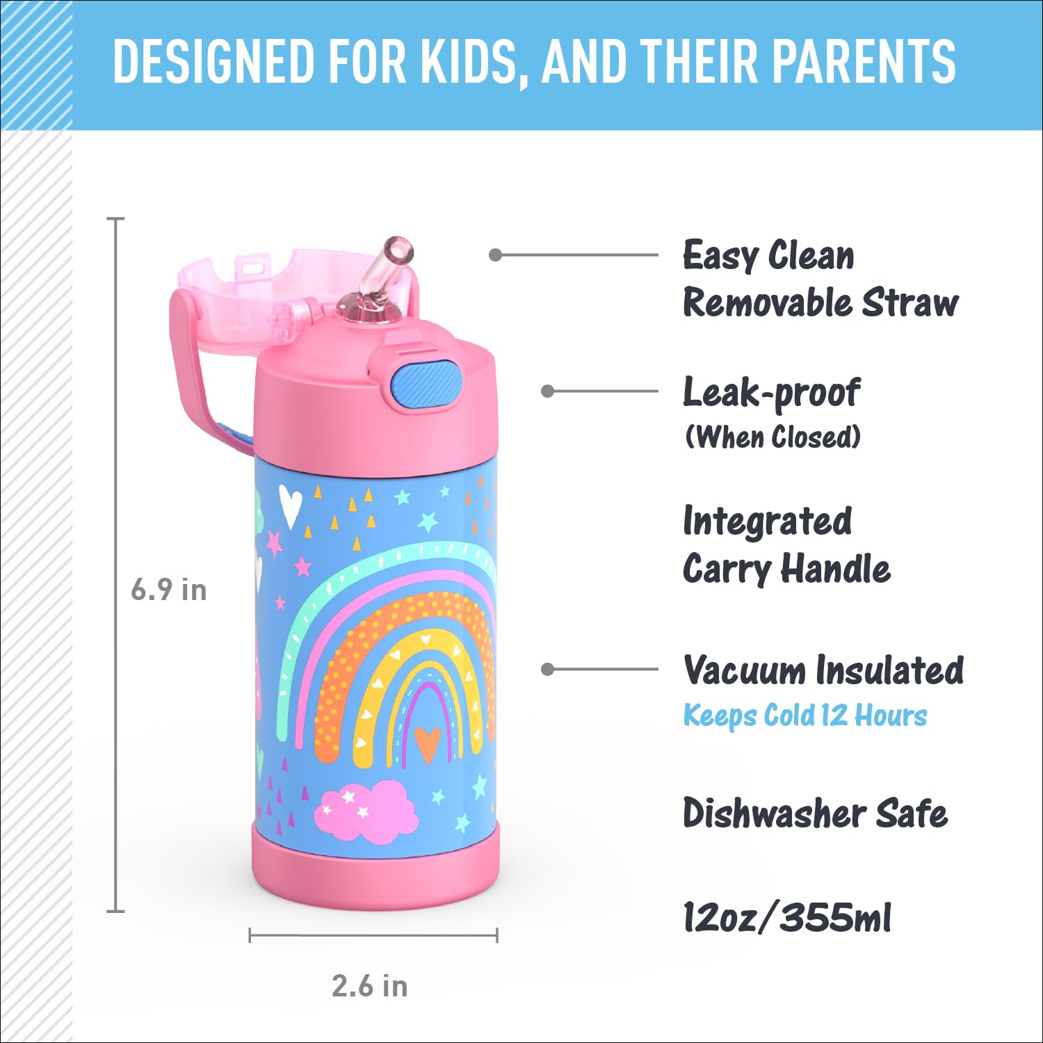 THERMOS FUNTAINER straw-lid design makes sipping easy for active kids.