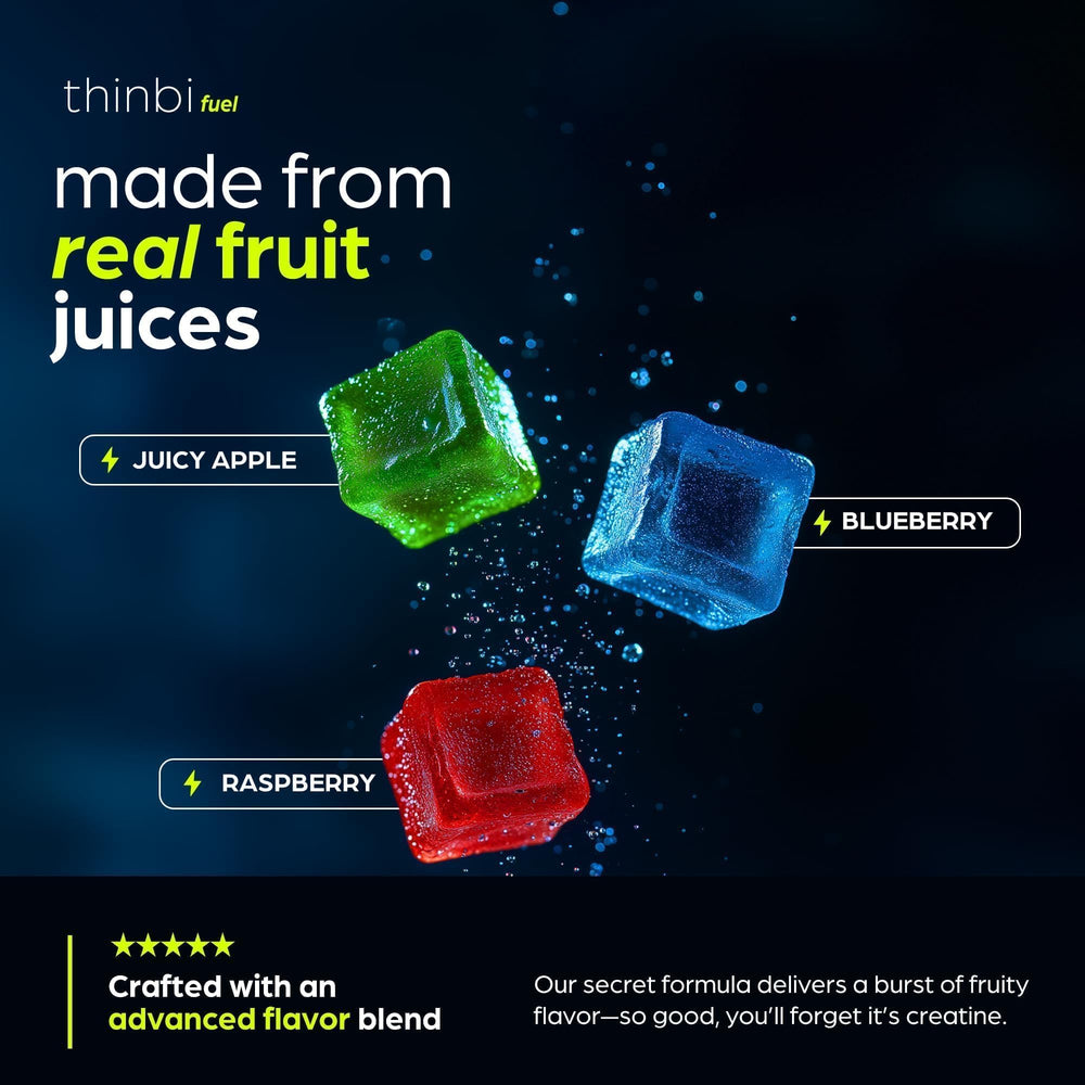 Ingredient panel highlights Taurine and Vitamin B12 in Thinbi Creatine Gummies.