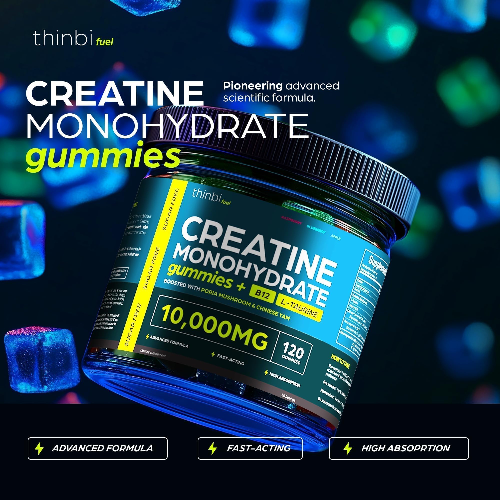 Close-up of Thinbi Creatine Gummies reveals chewy texture and formulated energy support.