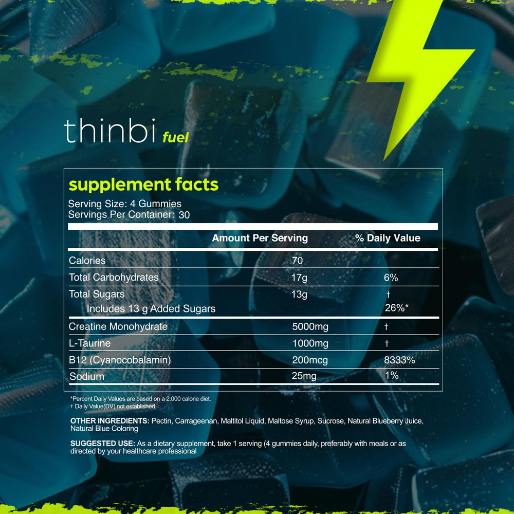 Thinbi formula with taurine and B12 suggests enhanced focus and energy for training.