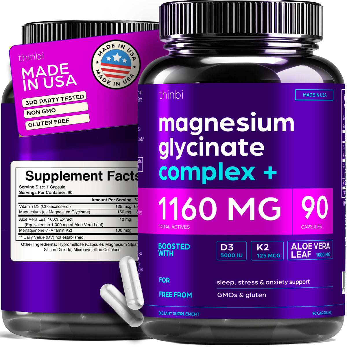 Thinbi Magnesium Glycinate bottle label shows 1160mg per serving for daily support.