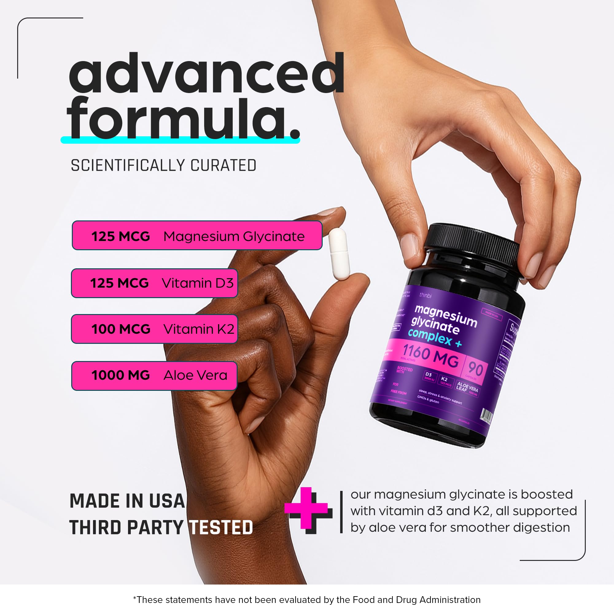 Thinbi Magnesium Glycinate capsules closeup emphasizes chelated absorption design.