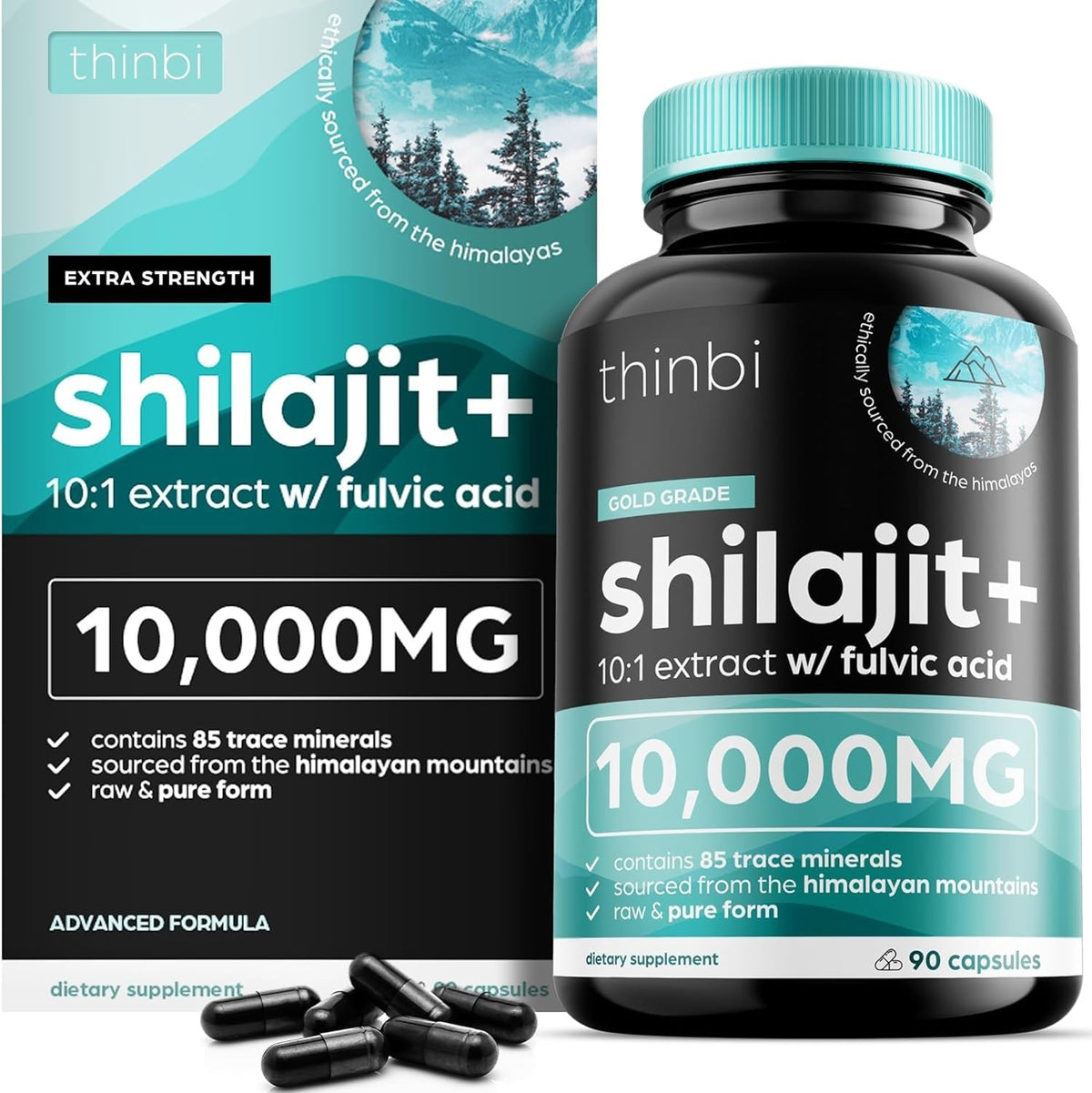 THINBI Pure Himalayan Shilajit capsules bottle for daily wellness.