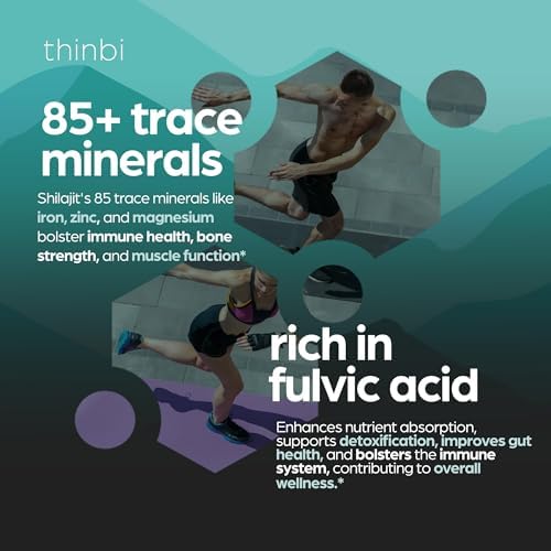 THINBI Shilajit capsules with Himalayan mountains backdrop emphasizing origin.