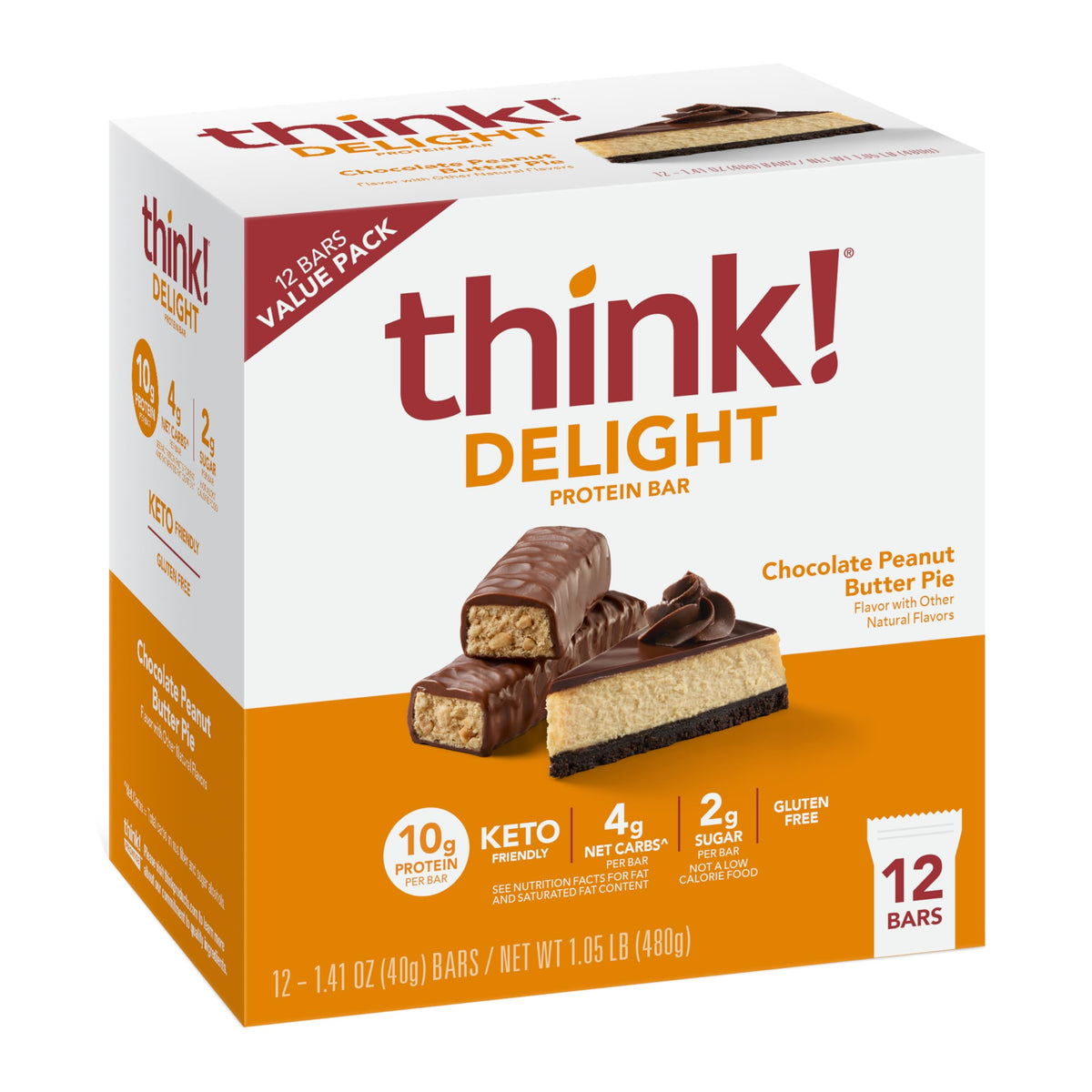 Think! Delight bar closeup, chocolate peanut butter pie, roasted peanuts for a satisfying texture.