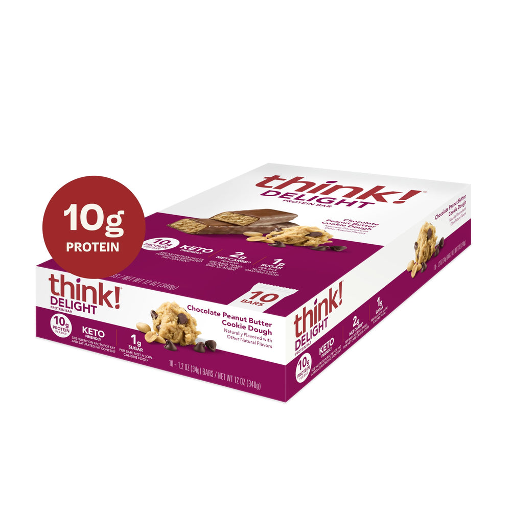 Think! Delight bar close-up shows creamy chocolate and peanut butter texture.