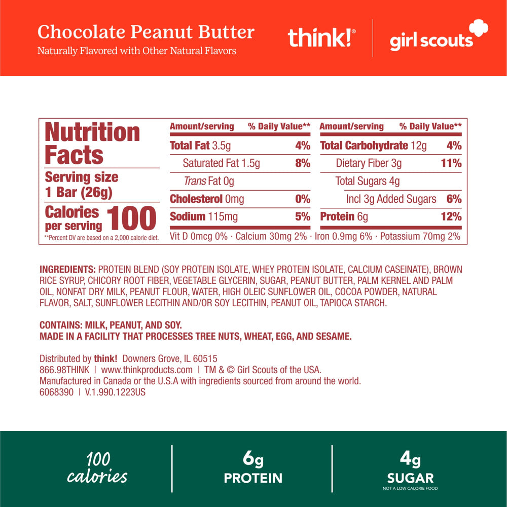 Think! Girl Scout Minis chocolate coating close-up highlights smooth texture.