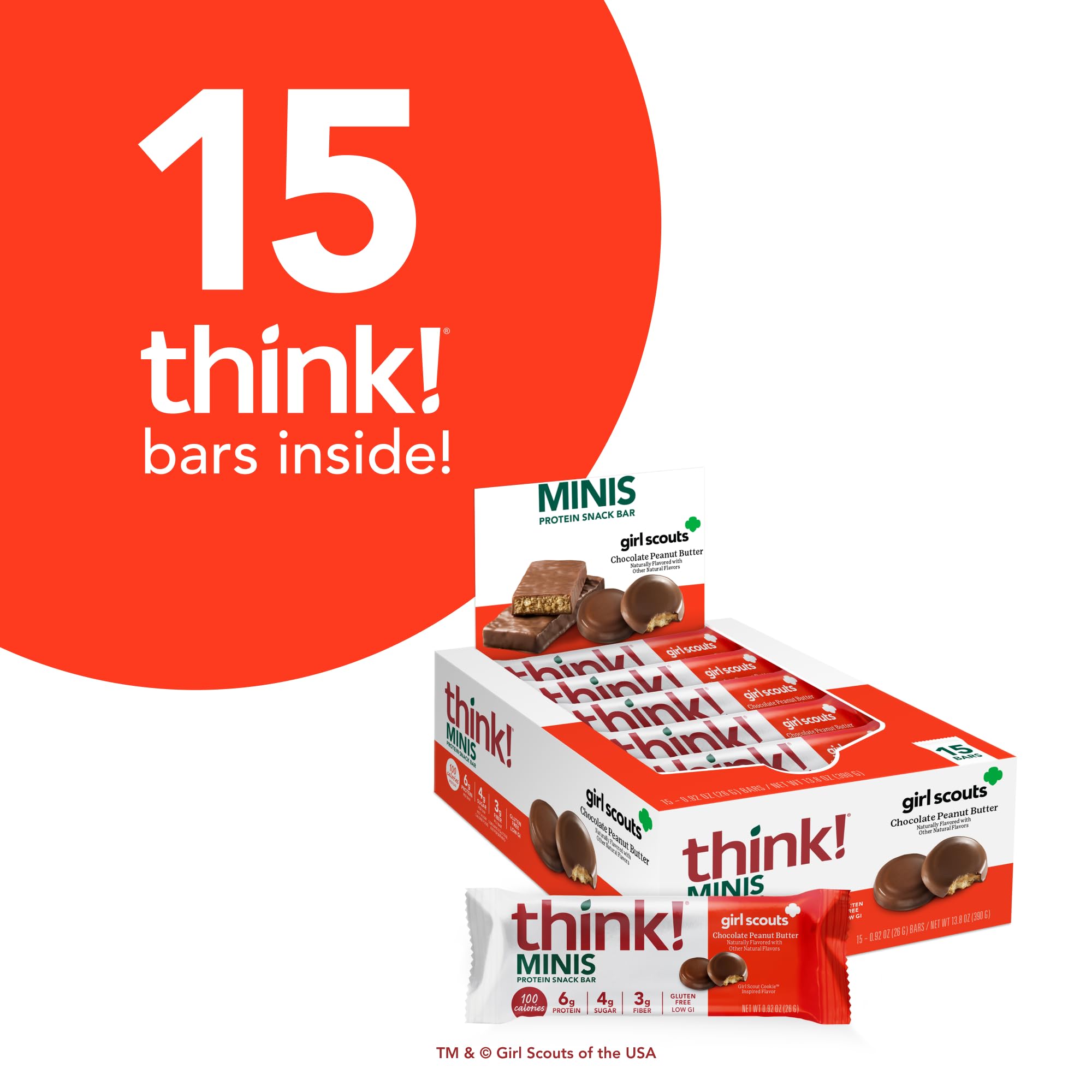 Think! Girl Scout Minis bar close-up showing creamy peanut butter and chocolate coating.