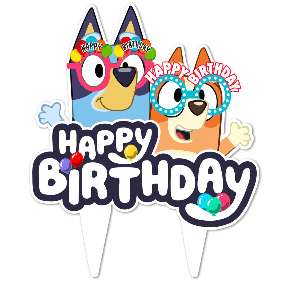 Think Green Fun Blue Dog and Friends cake topper, front view, eco-friendly birthday decor.