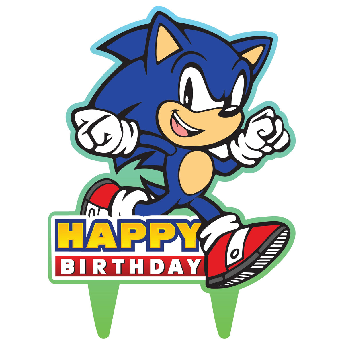 Think Green Fun Sonic Gamer topper front view highlights bright colors for festive birthday decor.