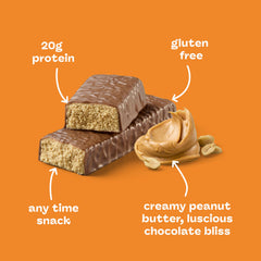 Close-up of melted chocolate on think! creamy peanut butter bar
