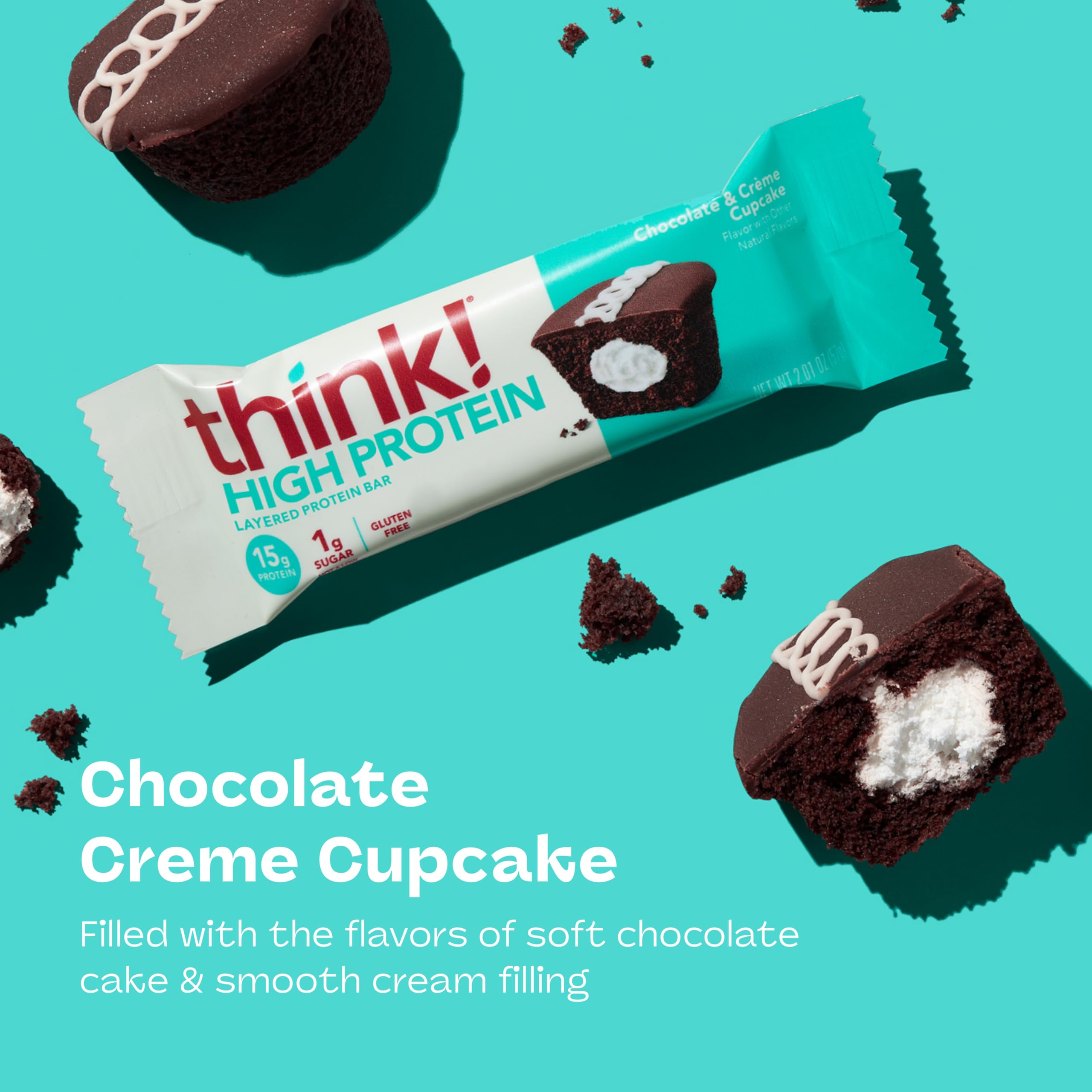 Think! Chocolate Creme Cupcake bar cross-section reveals cake layers.