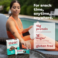 Think! protein bar nutrition facts show 15g protein and 1g sugar.