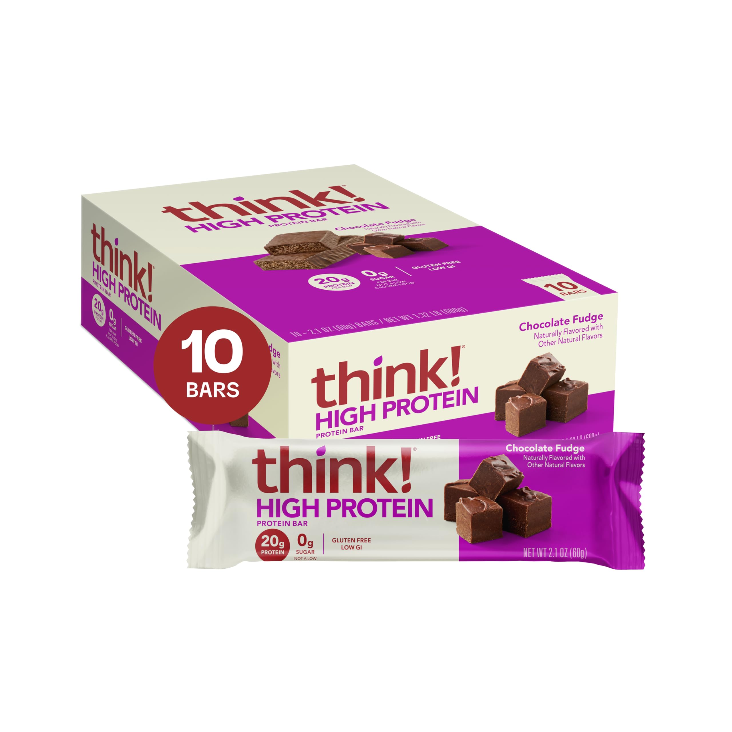 Think! Chocolate Fudge protein bar in hand, portable high-protein snack for busy days.